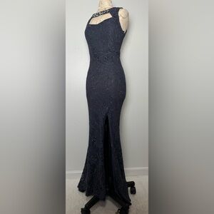 City Studio Lace Mermaid Gown XS Navy Sparkle Formal Prom Dress Slit